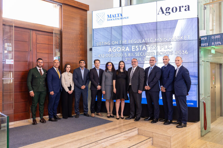 Mikiel Calleja, Laura Spiteri, and Martina Bonnici attended the ringing of the bell ceremonies for Agora Estates plc and Camilleri Finance plc at the Malta Stock Exchange.