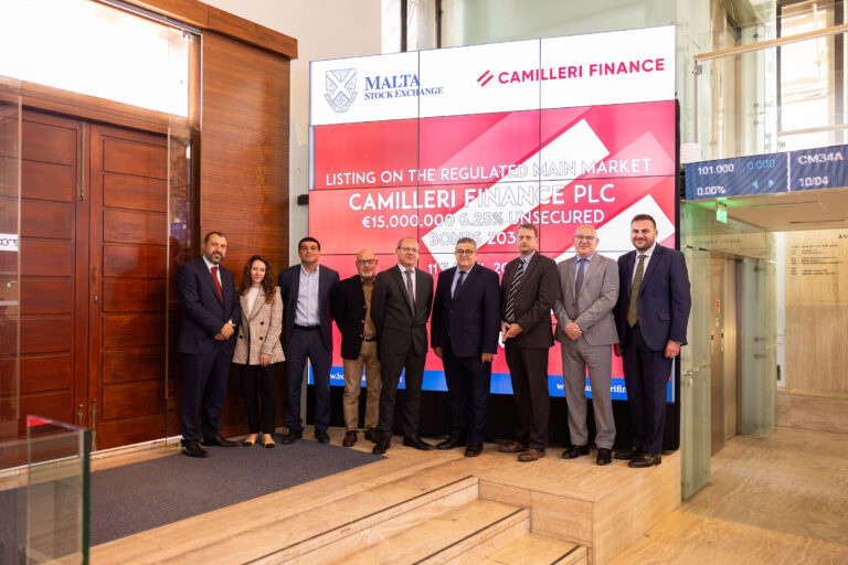 Mikiel Calleja, Laura Spiteri, and Martina Bonnici attended the ringing of the bell ceremonies for Agora Estates plc and Camilleri Finance plc at the Malta Stock Exchange.